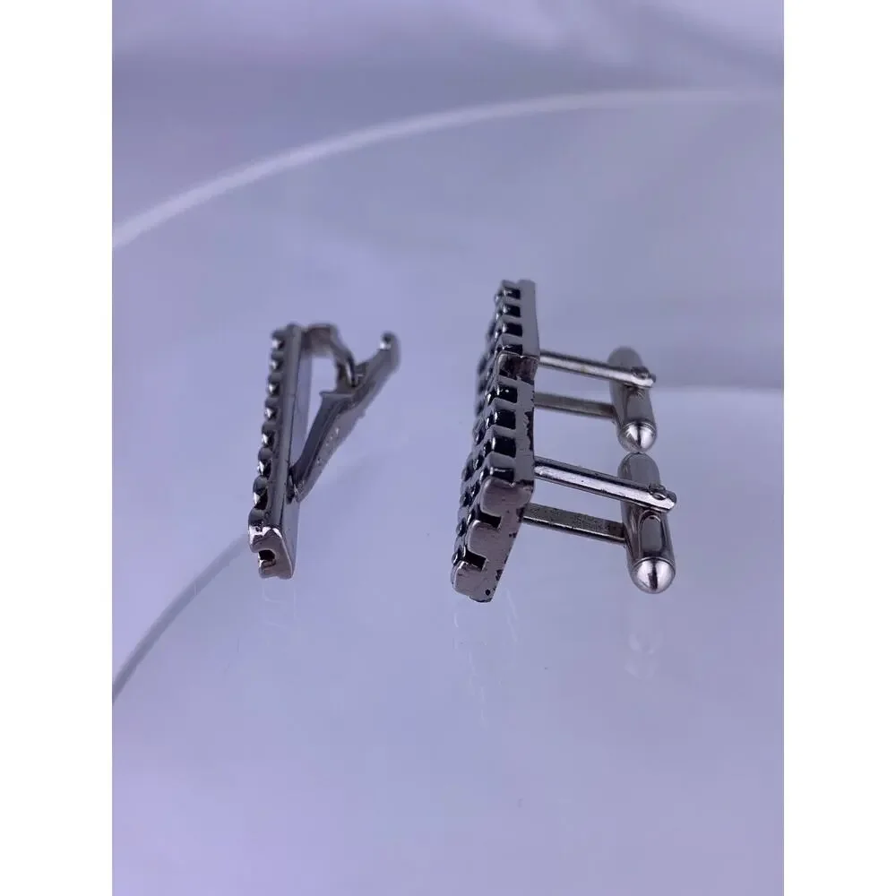 Modernist Scroll Twist Silver Tone Cufflinks Tie Clip Swank Geometric Vintage